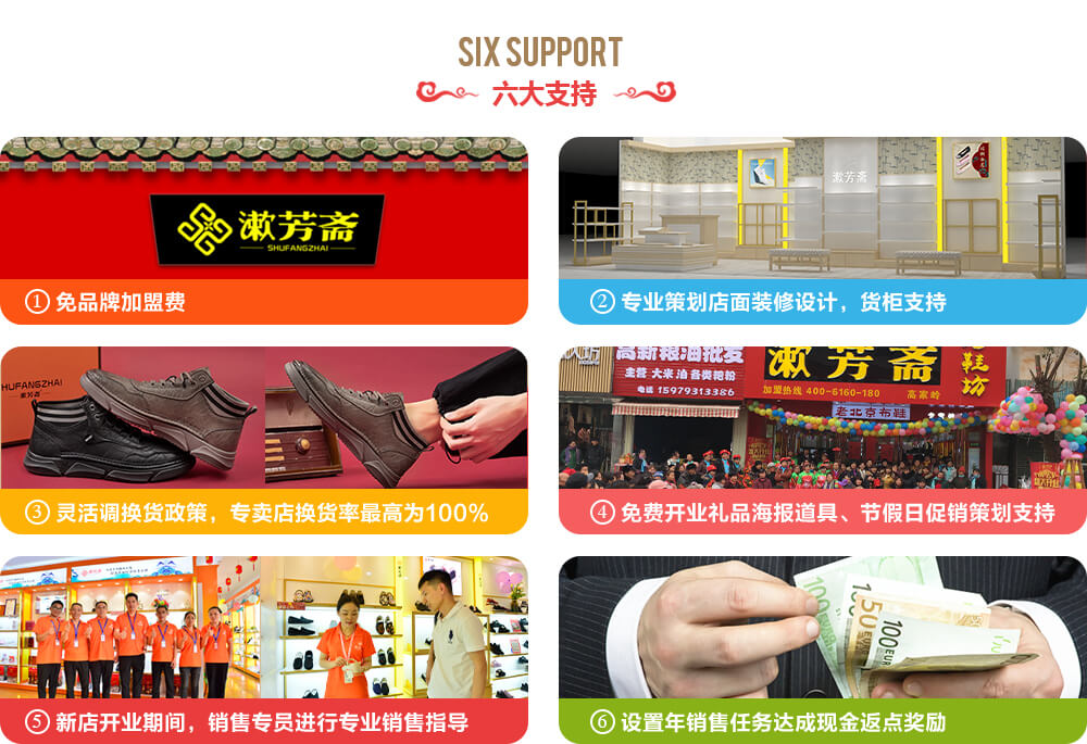 六大支持_免品牌加盟费_灵活调换货政策，专卖店换货率最高为100%